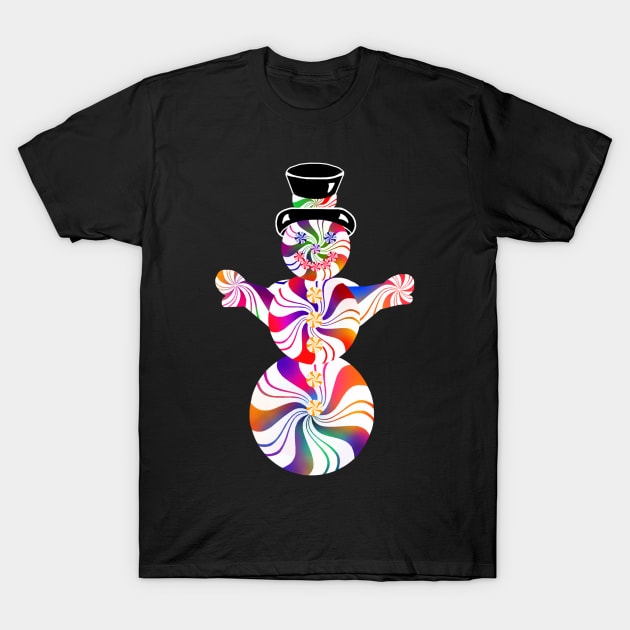 Cute Rainbow Peppermint Holiday Snowman T-Shirt by Art by Deborah Camp